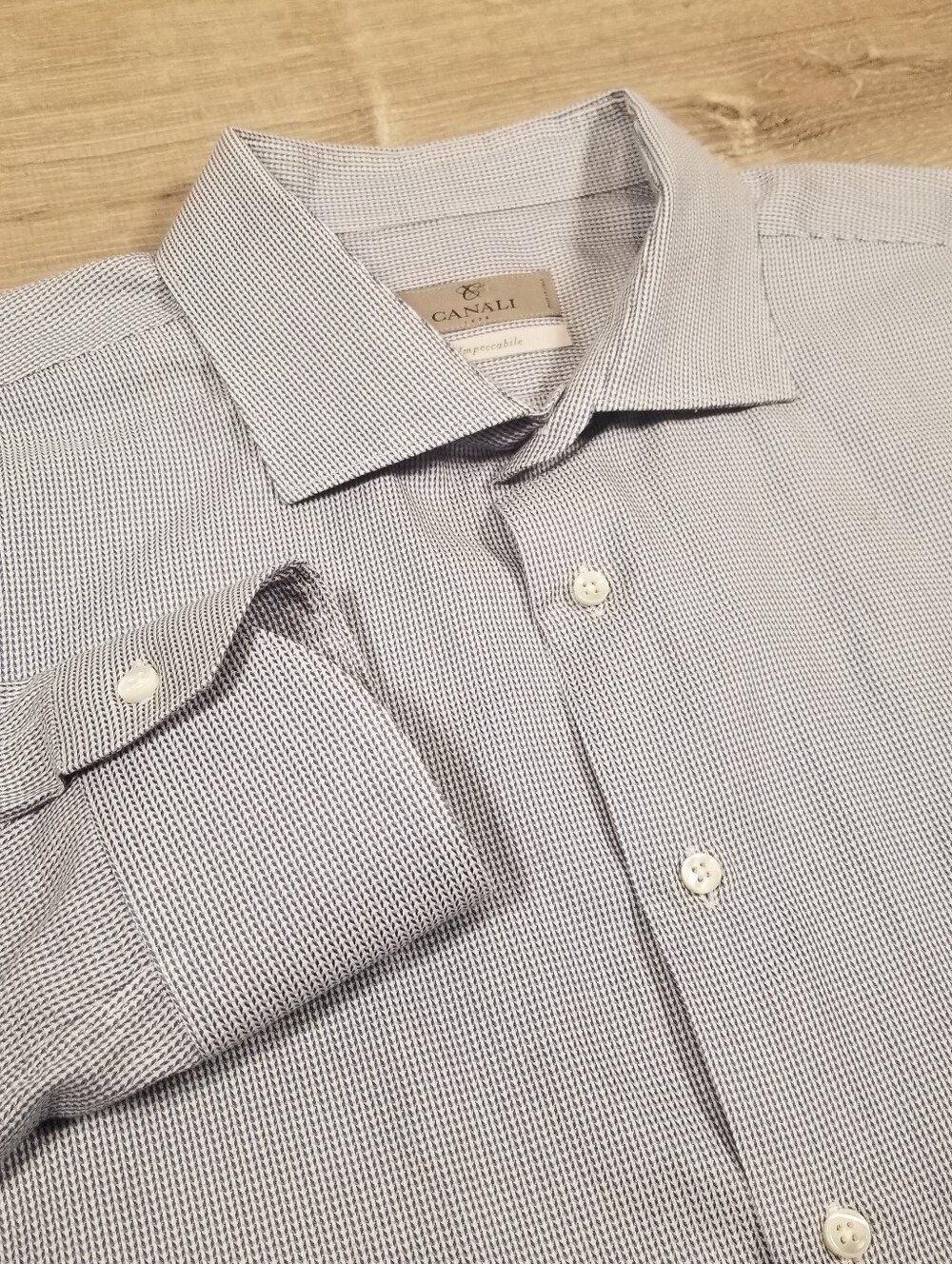 Canali Impeccabile Button Down Dress Shirt Mens 46-18 Micro Check Geometric Gray